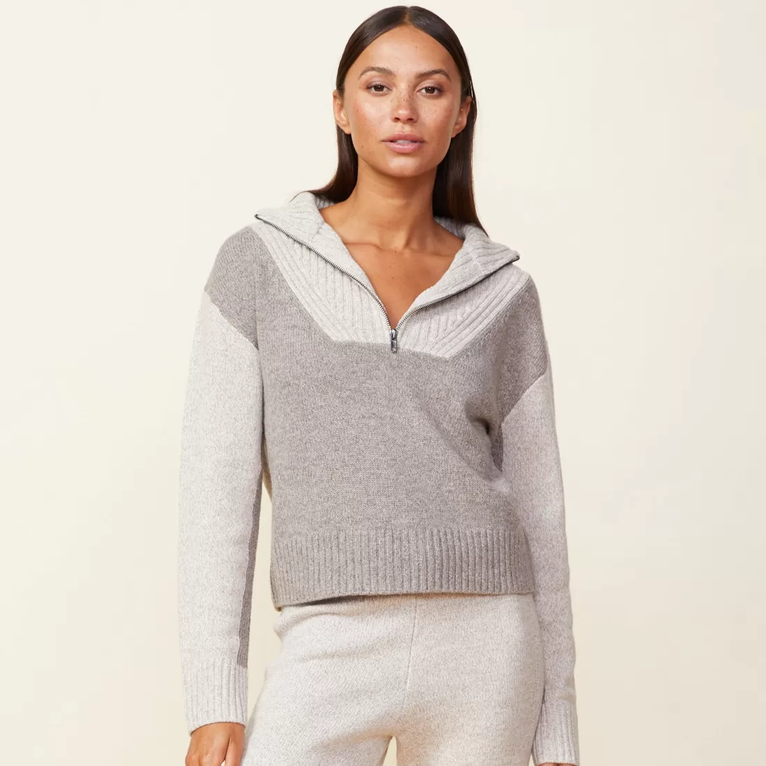 MONROW Sweaters*Wool Cashmere Marled Colorblock Half Zip Sweater GRANOLA/OATMEAL
