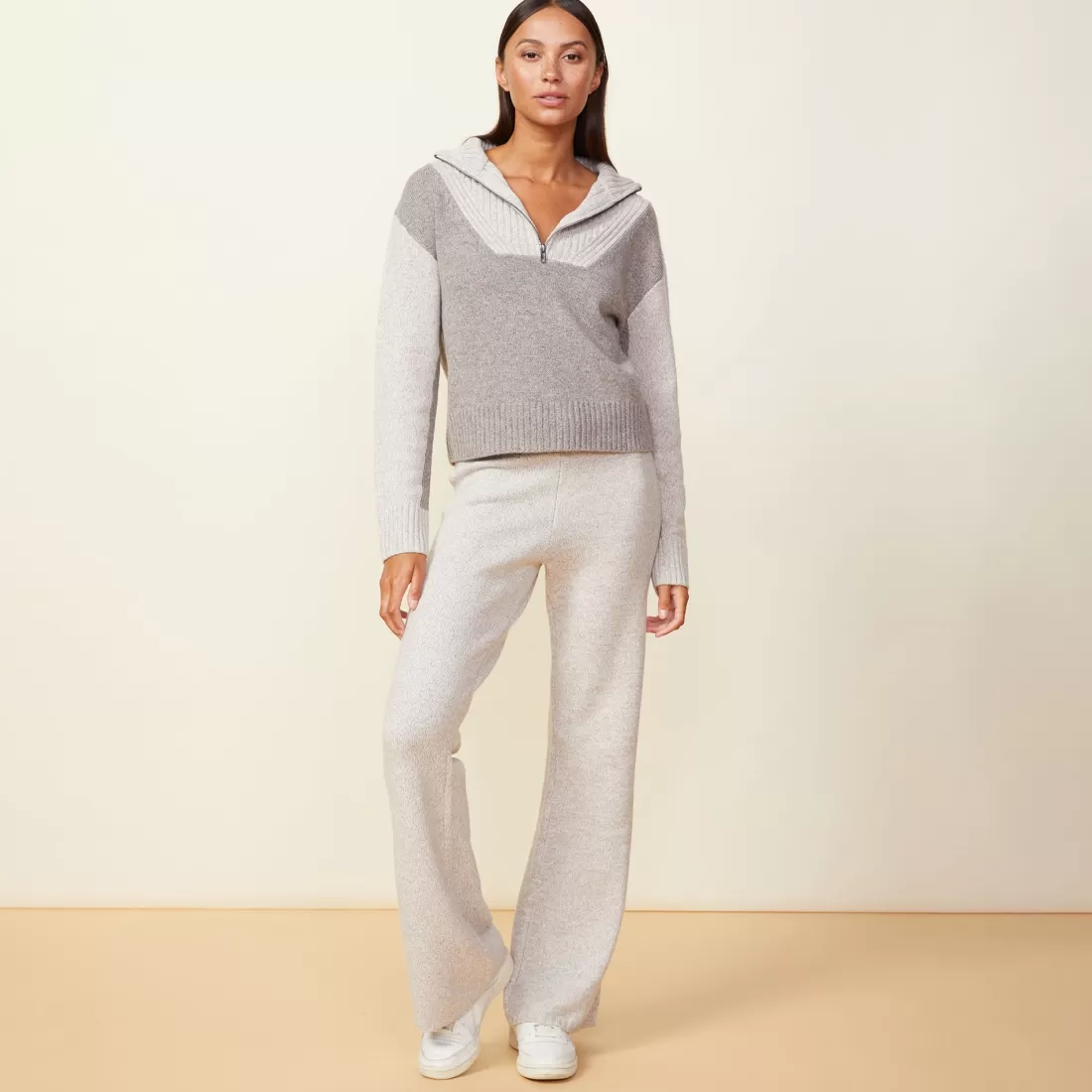 MONROW Sweaters*Wool Cashmere Marled Colorblock Half Zip Sweater GRANOLA/OATMEAL