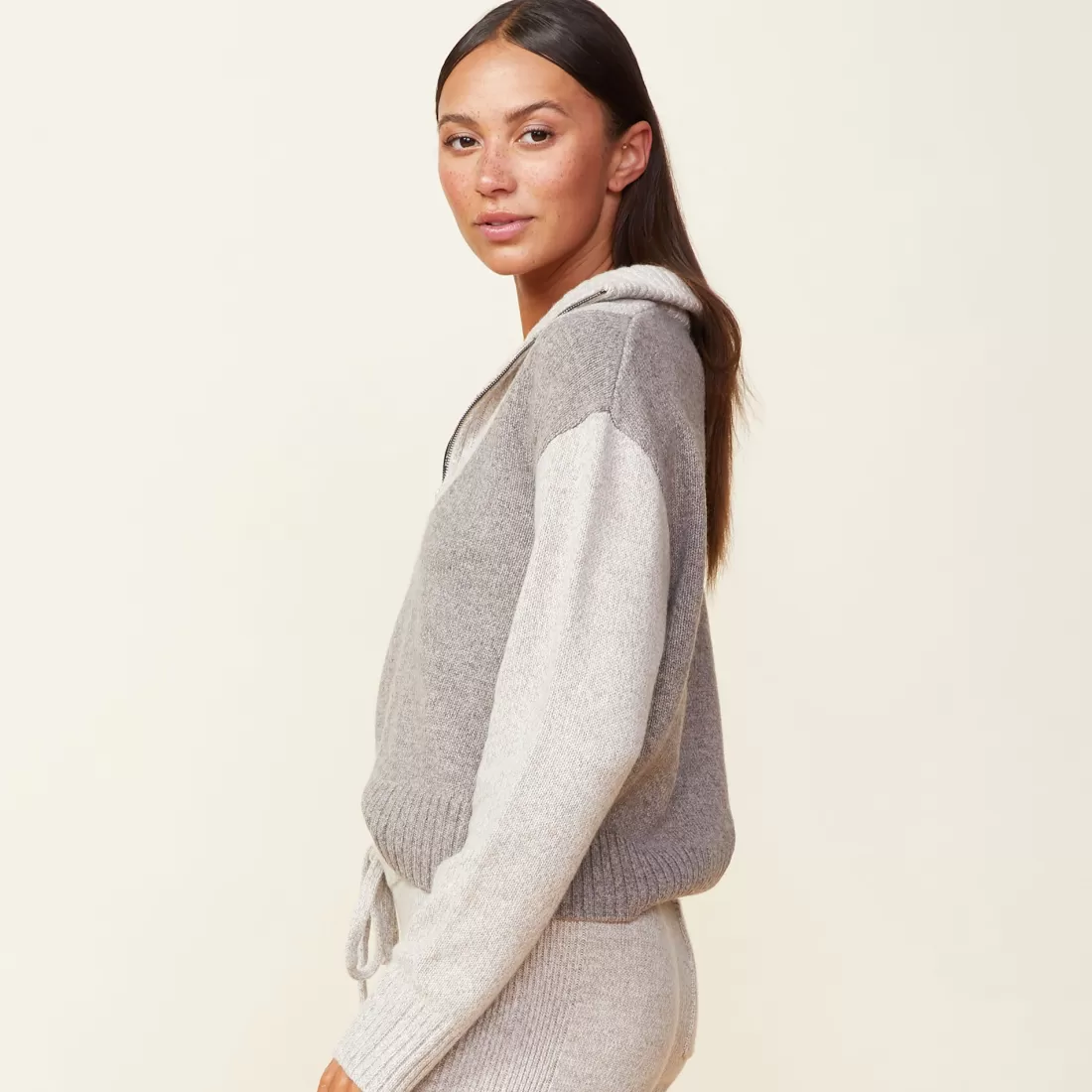 MONROW Sweaters*Wool Cashmere Marled Colorblock Half Zip Sweater GRANOLA/OATMEAL