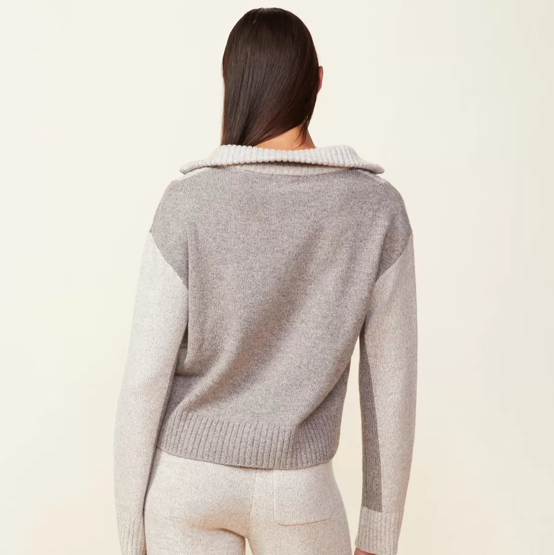MONROW Sweaters*Wool Cashmere Marled Colorblock Half Zip Sweater GRANOLA/OATMEAL