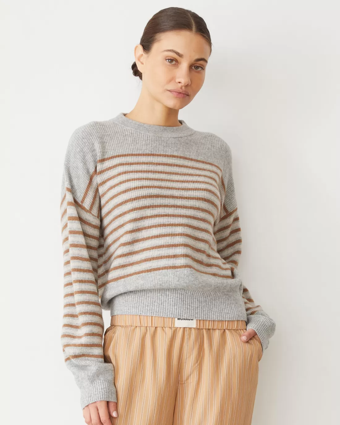 MONROW Sets | Sweaters*Wool Cashmere Stripe Sweater HEATHER/CARAMELSTRIPE