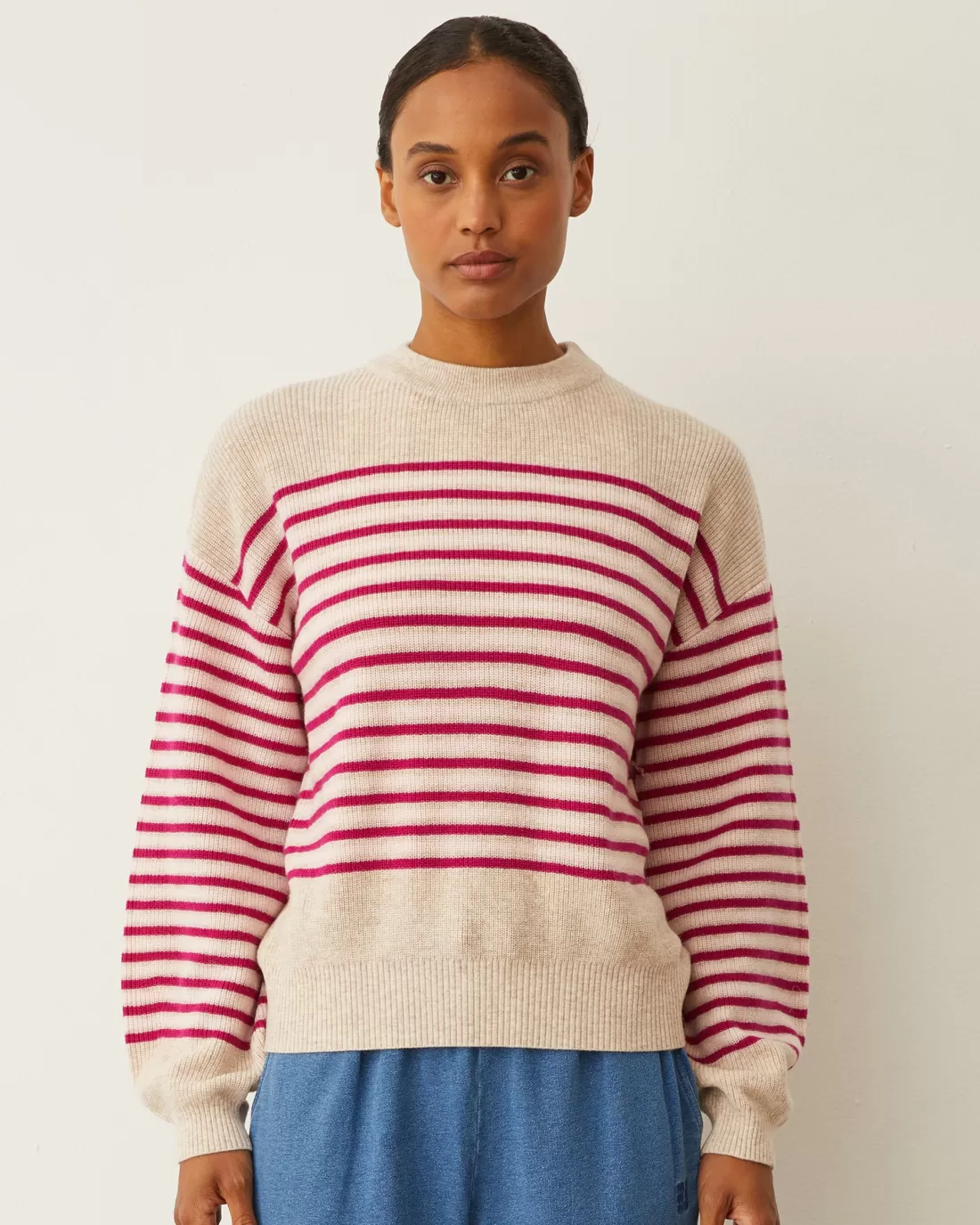 MONROW Sweaters*Wool Cashmere Stripe Sweater OATMEAL/FUCHSIASTRIPE