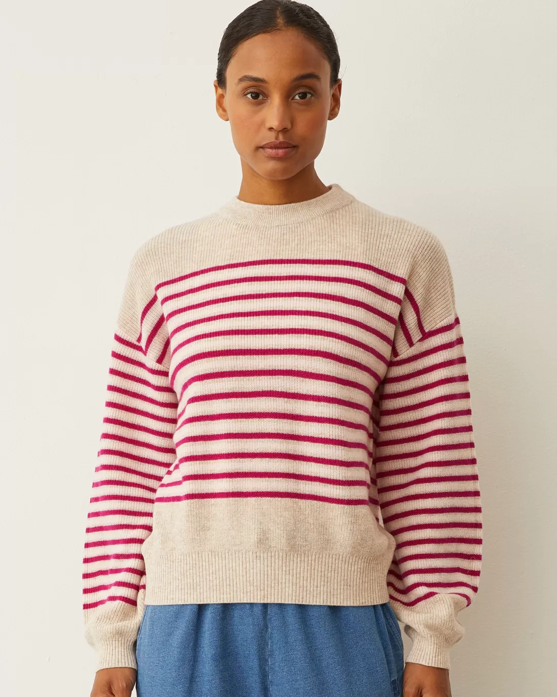 MONROW Sweaters*Wool Cashmere Stripe Sweater OATMEAL/FUCHSIASTRIPE